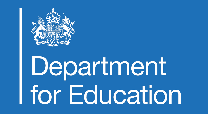 Logo of the Department for Education on a blue background